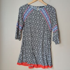 THML Black & White Geometric Midi Dress with Blue and Red Accents